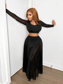 BamGleam Women's Knit Top And Sheer Skirt 2 Pieces Set - Black - View 4