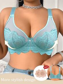 SHEIN 1pc Plus Size Lace Solid Color Underwire Bra - Green - View 4