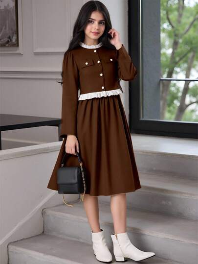 SHEIN 两件套青少年休闲灯芯绒长袖外套，荷叶边领口和纽扣装饰，搭配简约梭织A字裙，秋冬装