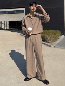 DAZY 2pcs Men's Solid Color Khaki Shirt Loose Pants Suit Set, Spring/Autumn Quarter Zip Men - Khaki - View 7
