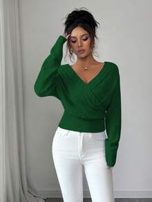 SHEIN Elenzya 女士纯色简约长袖V领露背毛衣，日常穿着 - 綠色 - 查看 6