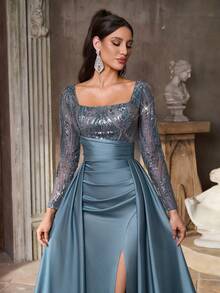 Aureia Elegantes, luxuriöses Meerjungfrauenkleid im Maxilänge mit Blumen, Perlen und Pailletten, durchsichtige lange Ärmel und ausgestellter Saum, geeignet für Hochzeiten, Partys, Urlaub, Galas, formelle Anlässe (starke Verzierung) - blauer See - Übersicht 1