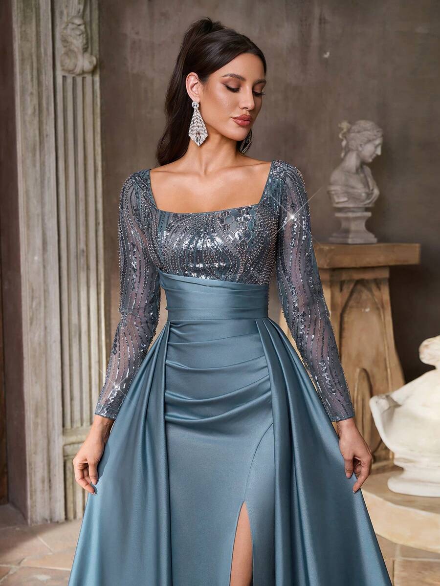 Aureia Elegantes, luxuriöses Meerjungfrauenkleid im Maxilänge mit Blumen, Perlen und Pailletten, durchsichtige lange Ärmel und ausgestellter Saum, geeignet für Hochzeiten, Partys, Urlaub, Galas, formelle Anlässe (starke Verzierung) - blauer See - Übersicht 1