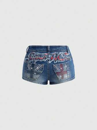 Grunge Punk Shorts di jeans da donna a vita bassissima con strass a motivo della bandiera britannica, stile Y2K