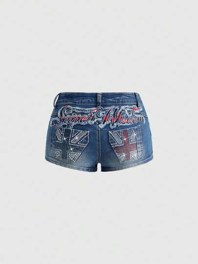 Grunge Punk Y2K Rhinestone Union Jack Super Low-Rise Women Denim Shorts