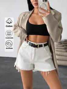 EURMUSE Plus Högmidjade Slitna Damjeanshorts - Vitt - Visa 3