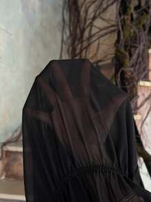 Lyrianda 复古法式黑色薄纱深V领性感连衣裙，蕾丝饰边领口和袖口，收腰设计，百搭上衣连衣裙 - 黑色 - 查看 8