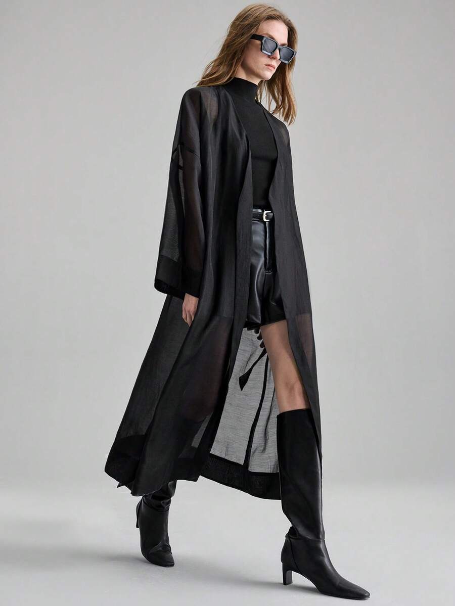 Ontre Women's Black Loose Comfortable Soft Fabric Crossover Collar Kimono Style Oversized Long Sleeve Cuffs Design Modern Urban Casual Business Office Wear Low-Key Vintage High-Quality Chic Commuting Airport Minimalist Comfortable Series Chill Women Long Windbreaker Jacket Low-Key And Durable Basic Style, All-Match And Suitable For Everyone, Street Fashion Wear, Coffee Shop Wear, Relaxed Wear All-Season Low-Key And Durable Basic Style, All-Match And Suitable For Everyone, Street Fashion Wear Organza D