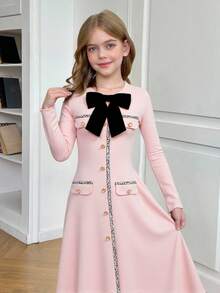 SHEIN Serisse Kids 少女优雅缎带拼接蝴蝶结装饰长袖长款连衣裙，冬季连衣裙，圣诞连衣裙，优雅连衣裙 - 粉色 - 查看 2