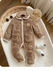 SHEIN Baby Girl Cute Furry Patchwork Cartoon Pattern Turndown Collar Jumpsuit, Autumn/Winter - Multicolor - View 4