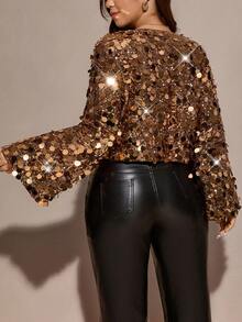 Comfylo Top de lux cu mânecă lungă, cu guler rotund și decorațiuni cu mărgele, mărime plus - cafea maro - Vizualizare 5