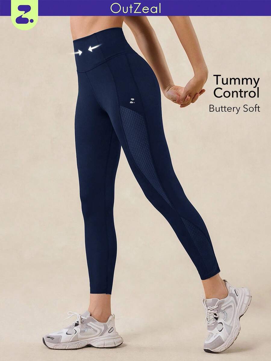 OutZeal Women Outdoor Leggings Running Gym Outfit Quick-Drying Mesh Design Tummy Control High-Waist With Back Pocket - Navy Blue - View 1