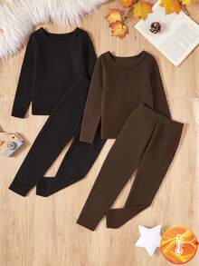 SHEIN Genkimix Kids 男童两件套柔软抓绒长袖上衣和裤子内衣套装 - 彩色 - 查看 7