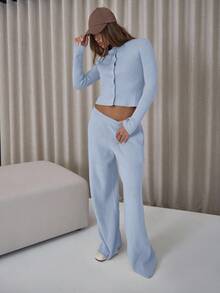 MUSERA 纽扣长袖开衫搭配宽松弹力针织裤和罗纹针织套装，优雅性感街头风，适合夜间外出，春季百搭单品。 - 淺藍色 - 查看 5