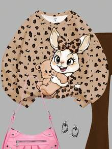 SHEIN Leap Crew Back-To-School Brown Autumn Cute School Tween Girl Leopard Print Cartoon Rabbit Loose Sweatshirt And Fitted Flare Leg Pants 2 Pieces Collegiate Set - Multicolor - View 6