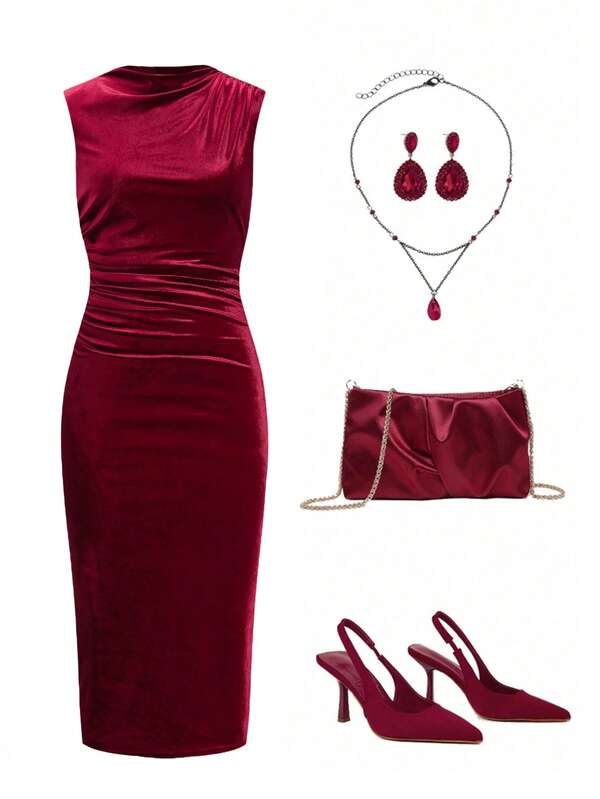 Ellevyn Vestido de Malha Plissado Estampado com Tule Sem Mangas, Verão