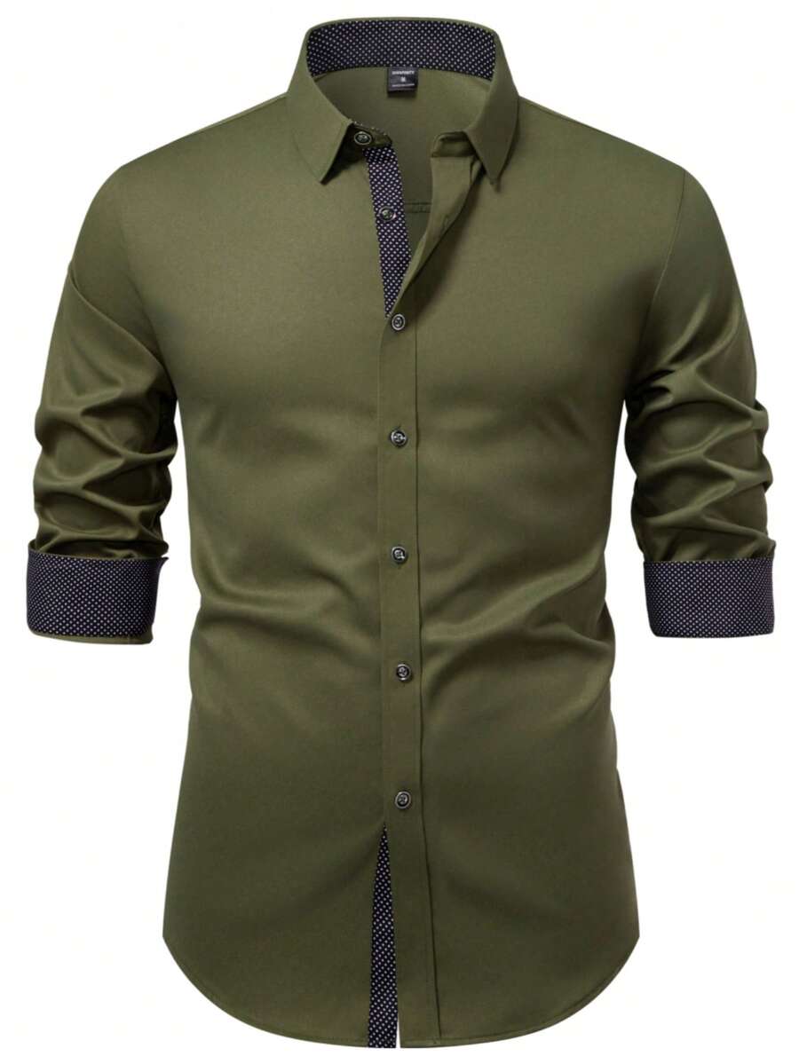 Manfinity Mode Stylish Men's Army Green Regular Long Sleeve Shirt With Shirt Collar Button Front For Business Commuting - Army Green - View 1