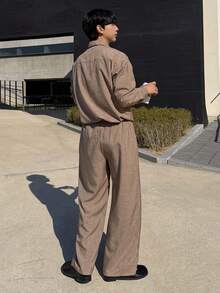 DAZY 2pcs Men's Solid Color Khaki Shirt Loose Pants Suit Set, Spring/Autumn Quarter Zip Men - Khaki - View 2