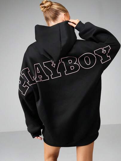 open lace back dress Hoodie Dress: Thrilling Playboy Women's Repeat Print Design