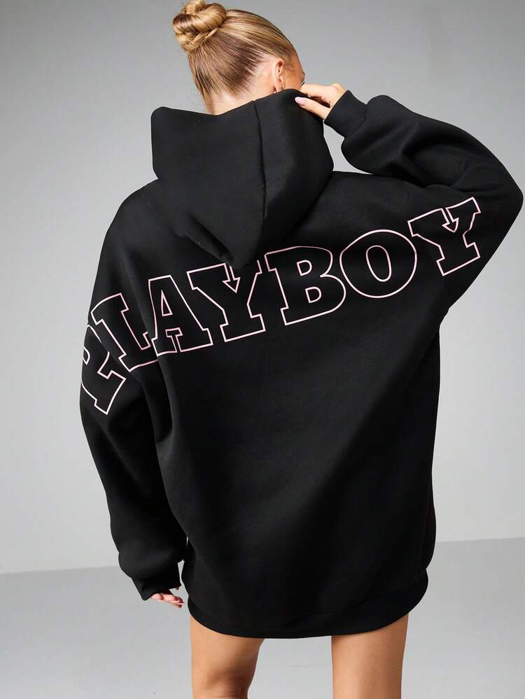 Missguided x Playboy Oversized Graphic Hoodie Dress With Long Sleeves Mini Length Urban Streetwear Casual Winter Fall