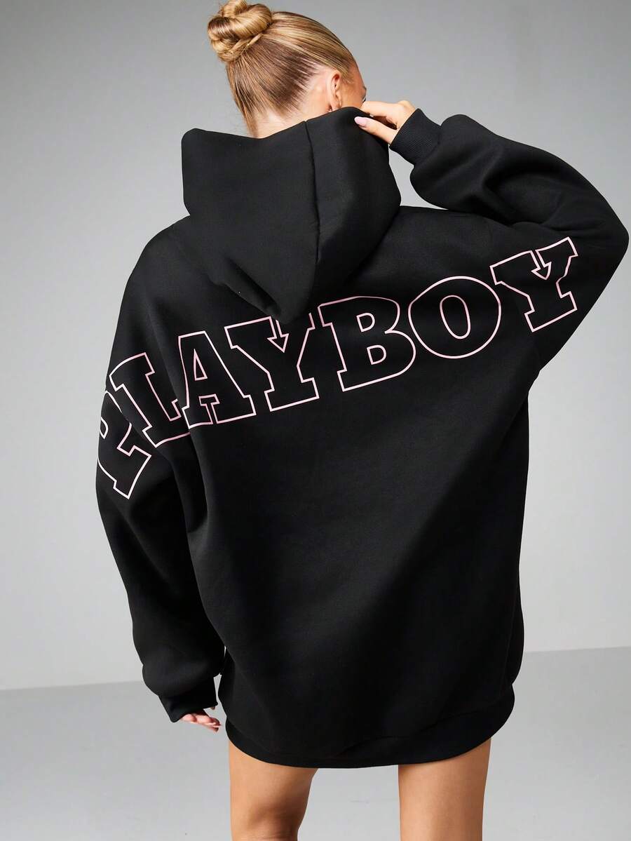 oversized graphic hoodie dress Missguided x Playboy Oversized Graphic Hoodie Dress With Long  Sleeves｜MISSGUIDED