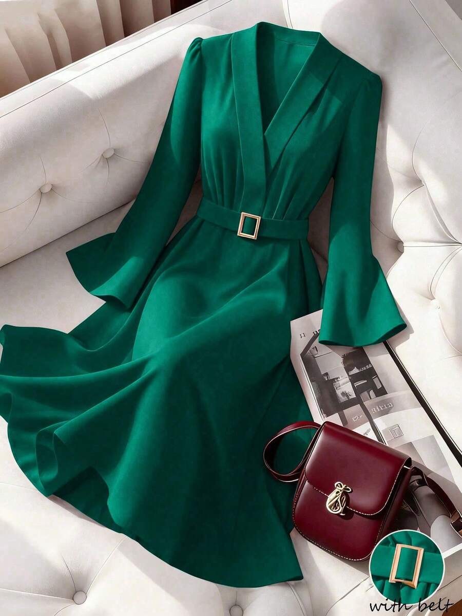 Lyxana Robe évasée à manches évasées avec taille cintrée élégante pour femmes, convient pour les déplacements quotidiens, les affaires, les rendez-vous romantiques à la française, les fêtes, Noël, manches longues rouges - Vert - Voir 1