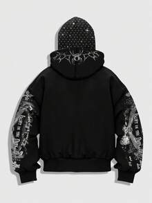 ROMWE MEN Street Life Spring Casual Graphic Stylish Dark Hooded Zip-Up Jesus Sweatshirt Jacket With Rhinestone Decor For Men, Y2K - Black - View 2