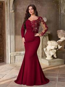 Aureia Vestido elegante y lujoso de talla grande para otoño e invierno con bordados de encaje, aplicaciones de diamantes y cuentas, manga larga, bajo de sirena, adecuado para cena, boda, fiesta de graduación, fiesta de Navidad, baile de graduación y Día de San Valentín (modelo pesado) - Burdeos - Ver 3