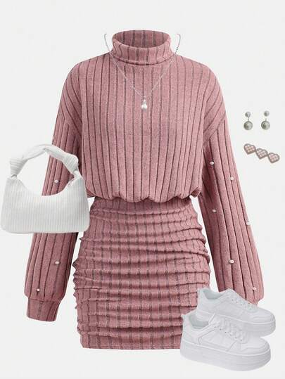 SHEIN Girlism Teen Girls Ribbed Knit High Neck Loose Waist Hip Ruched Snug Fit Dress Dress, Casual Elegant Vintage Versatile Layering Long Sleeve Mini Dress With Faux Pearl Detail Girls Dusty Girls Dusty Pink Outfit Valentines Day Pink Outfit
