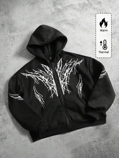 Goth Felpa con cappuccio casual con chiusura lampo e stampa gotica da uomo