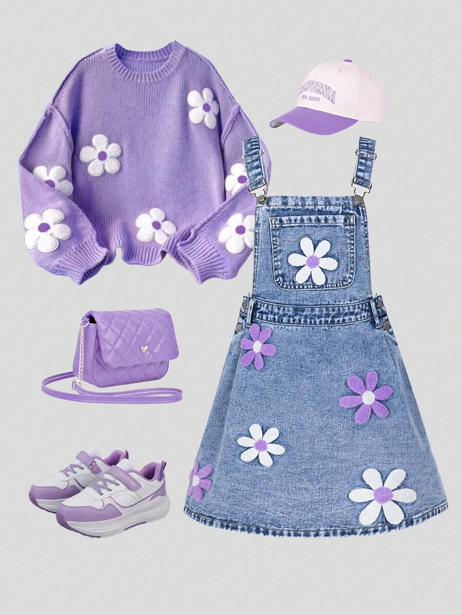 Sparklyn Tween Girls Denim Jeans, Casual Denim Jumper Dress With Floral Embroidery, Comfortable Cotton Denim, Suitable For Daily Wear, School And Commute, All Season