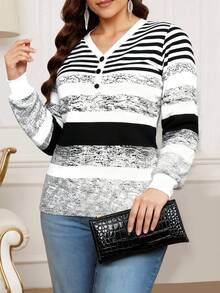 EMERY ROSE New Striped Print Zipper Elegant Casual Versatile Plus Size Sweatshirt - Multicolor - View 1