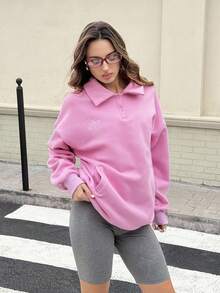 SHEIN 粉色女士休闲刺绣领家居服上衣，冬季 - 粉色 - 查看 5