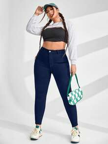 SHEIN CURVE+ Quần jean bó 7/8 co giãn kiểu dáng cowgirl cỡ lớn cho nữ - Rửa tối - Xem 5