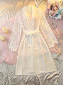 DelicateAllure 性感网纱蕾丝拼接迷人睡袍，优雅长款女式睡袍，秋冬皆宜 - 白色 - 查看 5