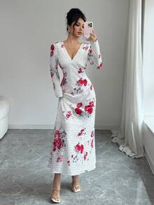 Rafferiza Women's Long Polka Dot Floral Print V-Neck Waist Cinched Dress - White - View 3