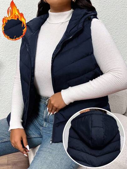 SHEIN Frenchy 女士加大码加厚背心，舒适休闲百搭日常及聚会穿着，黑色加厚背心女士羽绒背心女士冬季背心女士外套连帽羽绒背心带帽羽绒背心