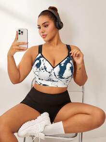 Easithlete 大码运动文胸，带固定罩杯、可调节肩带、高支撑、水墨画印花 - 藏蓝色 - 查看 5