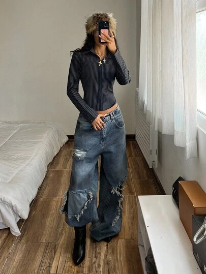 StreetHx 女式 Y2K 街头服饰复古条纹长袖休闲修身衬衫，黑色街头风格女式上衣，秋冬