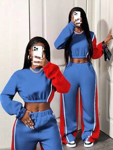 SHEIN BamGlam Women's Contrast Color Patchwork Crew Neck Long Sleeve Cropped Casual Sweatshirt