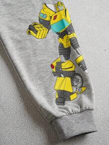Transformers X SHEIN 两件套男童休闲字母机器人图案针织抽绳长款运动裤，黑色和灰色