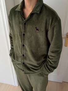 DAZY Men's Thermal Lined Letter Embroidered Shirt & Military Green Pajama Set, Autumn/Winter - Green - View 3