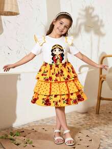 Girls'Gold Floral Abaya Kaftan Jalabiya Middle Eastern Muslim Traditional Dress,Udan Rose Ditsy Floral,Ruffle Trim,Summer - Multicolor - View 7
