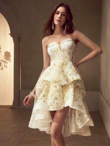 MOTF PREMIUM ALLOVER FLORAL PRINT ASYMMETRICAL RUFFLE HEM TUBE COCKTAIL DRESS - Multicolor - View 3