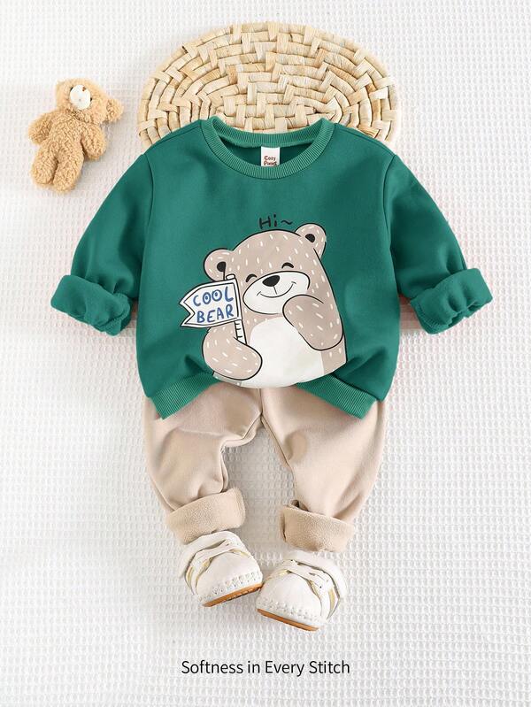 Cozy Pixies 2 Stück Baby Jungen Set mit Cartoon Bär Muster, bestehend aus weichem Strick Pullover mit Rundhalsausschnitt und Langarm sowie einfarbiger, thermisch gefütterter Hose