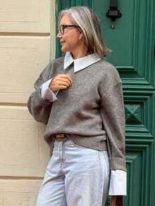 Vivie Lora Women's Colorblock Collared Loose Knit Sweater School - Grey - View 1