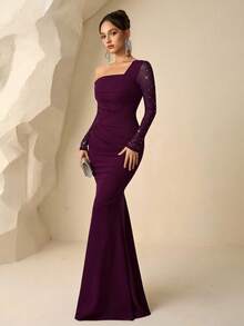 Coutiva Elegantes, schulterfreies Meerjungfrauen-Abendkleid für Damen (aufwendig bestickt), mit Strasssteinen besetztes, transparentes, schwarzes Abendkleid, auch als Hochzeitsgastkleid, elegantes Abendkleid, Ballkleid, tailliertes und figurformendes Kleid, Partykleid, formelles Kleid, lila Abendkleid, schulterfreies Abendkleid, pflaumenfarbenes Kleid, langärmeliges formelles Kleid, sexy und elegant - Rot-violett - Übersicht 6