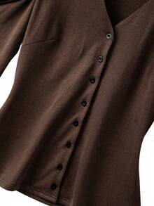 GlowEve CURVE Plus Size Gigot Sleeve Open Front Knit Long Sleeve Casual Fitted Top, Autumn/Winter - Brown - View 6