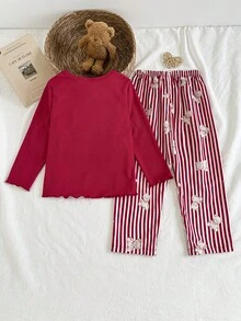 Bộ 2 món/Bộ đồ ngủ in hình gấu sọc đỏ trang trí nơ cho bé gái Áo dài tay và quần dài có gân - Đỏ - Xem 2