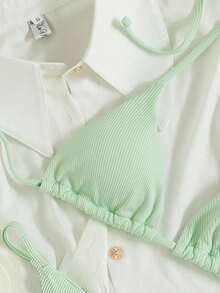 Swim Mod 2026 Spring/Summer Women's Vacation Special Fabric Spaghetti Strap Halter Mint Green Sexy Thong Bikini Two Pieces Swimsuit - Mint Green - View 4